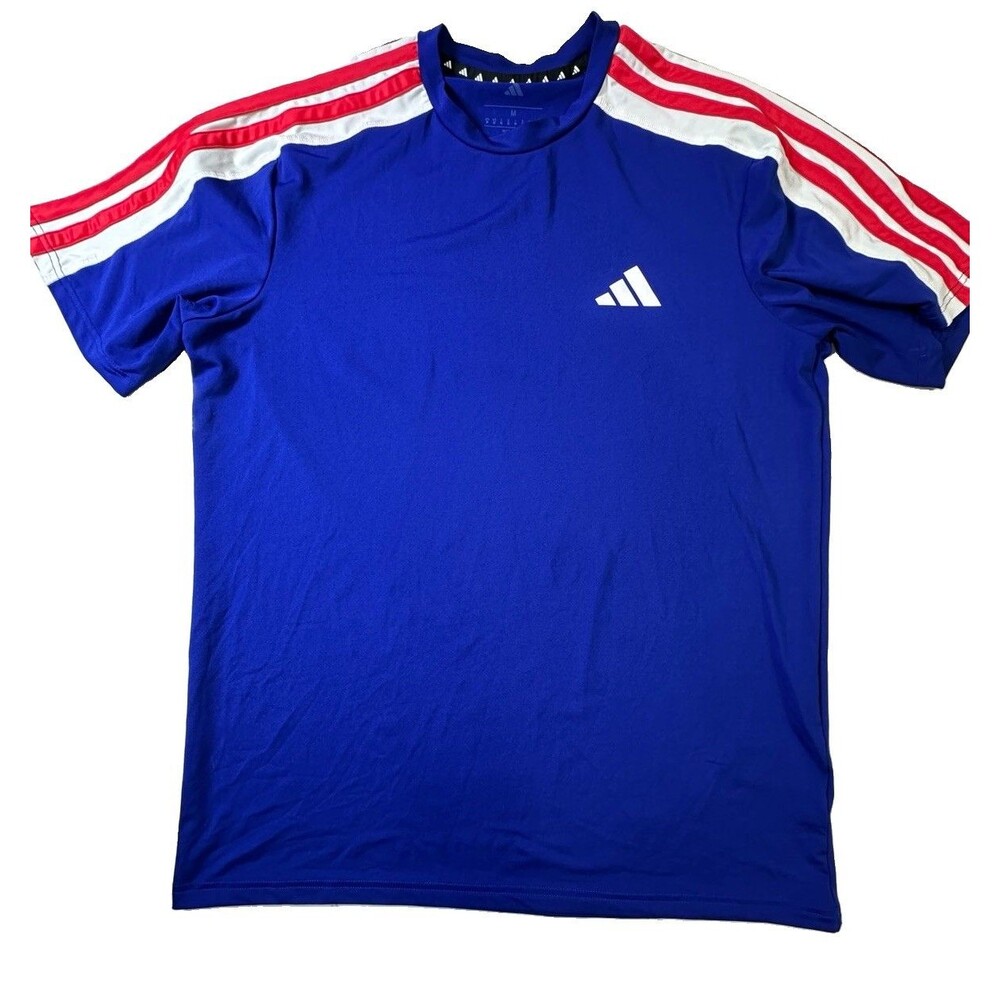 Adidas Men's 3 Stripe Active T-Shirt; Blue with Red & White Stripes Size Medium